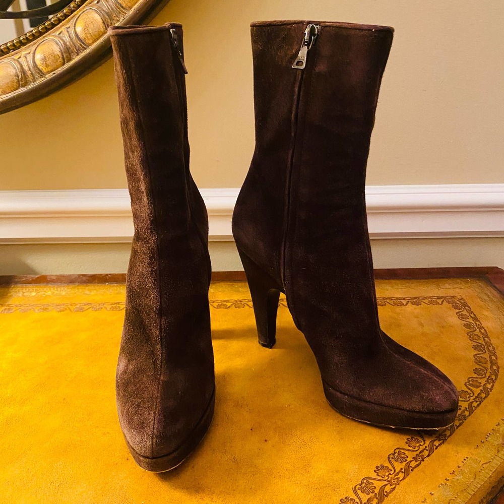 Prada Chocolate Brown Suede Platform Heeled Mid Calf Boots - Picture 4 of 12